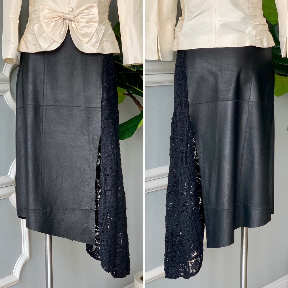Marina Babini Leather and Wool Crochet Asymmetrical Midi Skirt Size 44